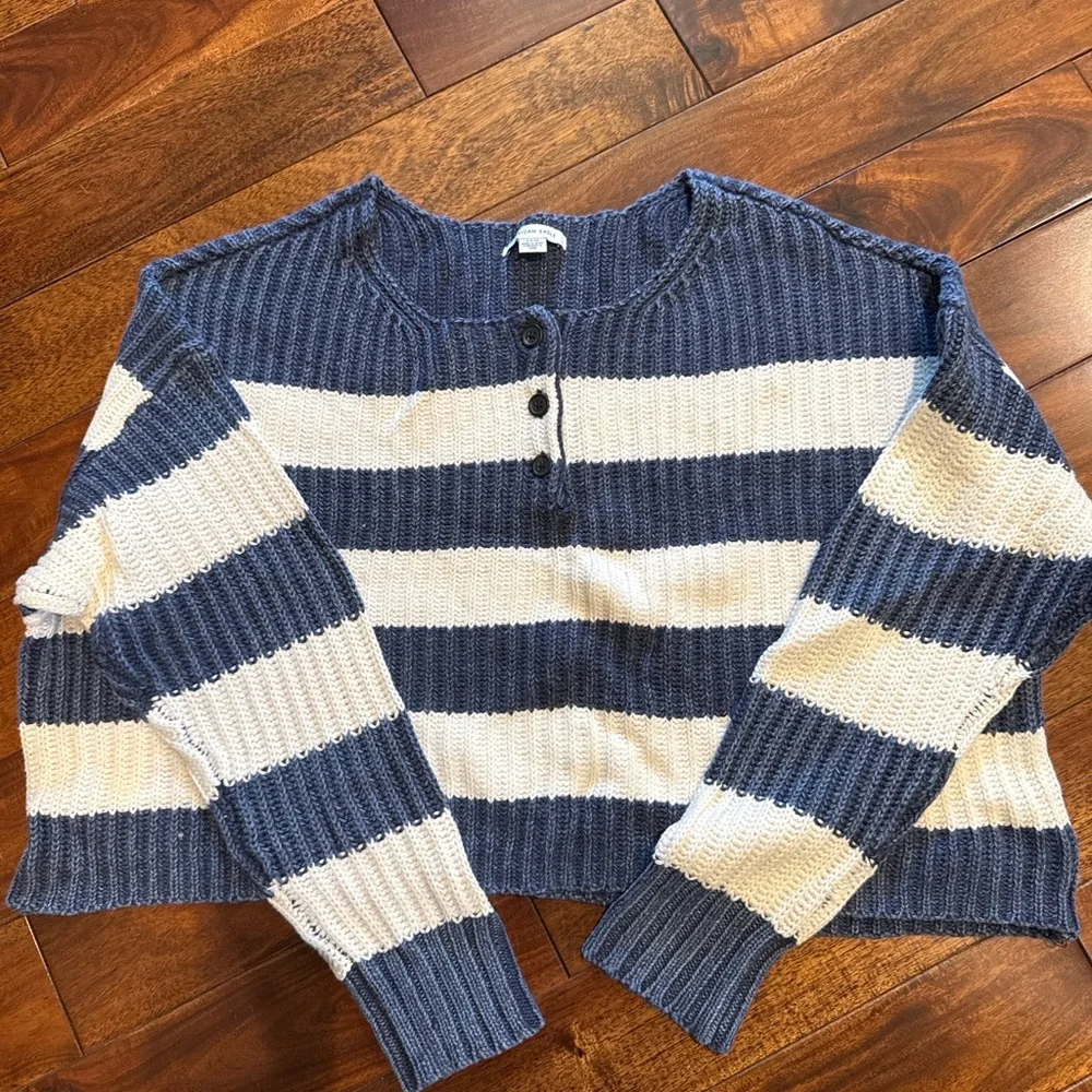 American Eagle Striped Knit Cropped Sweater – Navy & Cream Henley, size S - Picture 1 of 3